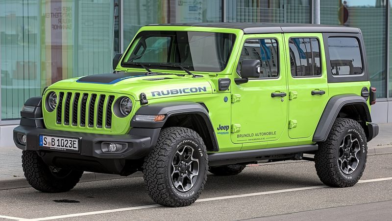 Green Jeep Wrangler Rubicon JL four-door, front three-quarter view